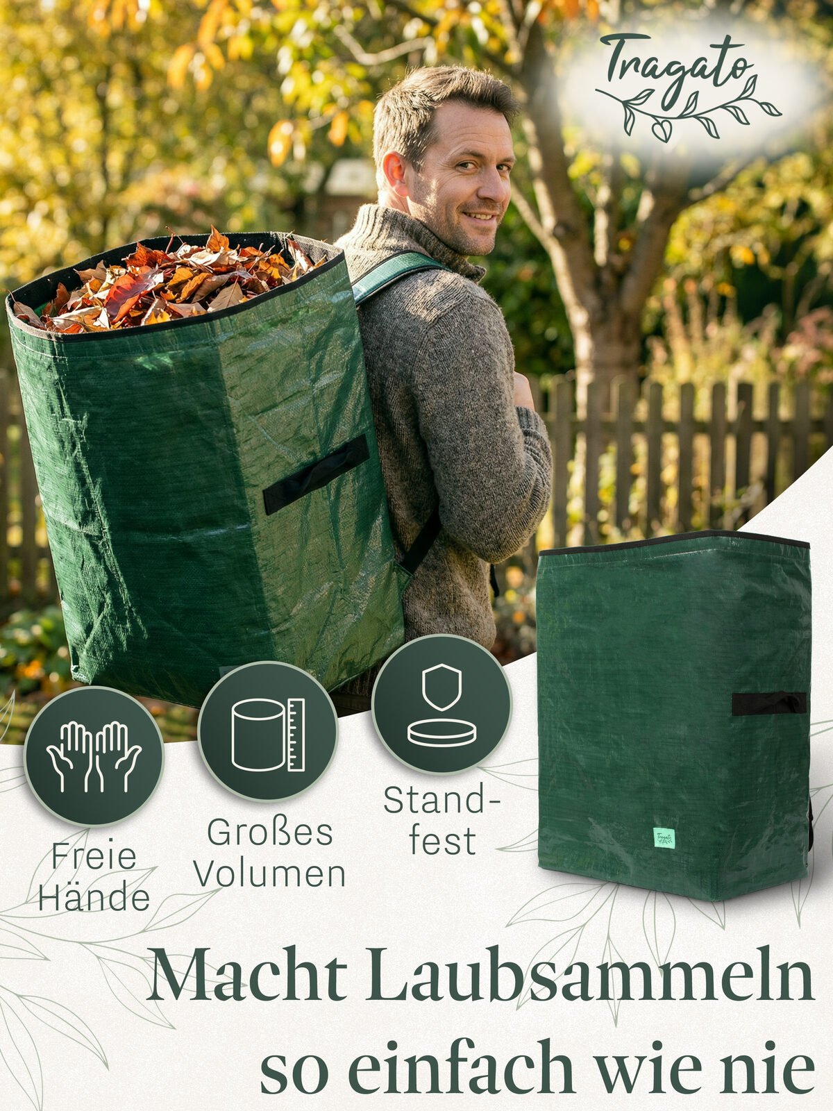 Mann trägt den Tragato Leaf Backpack im Herbstgarten