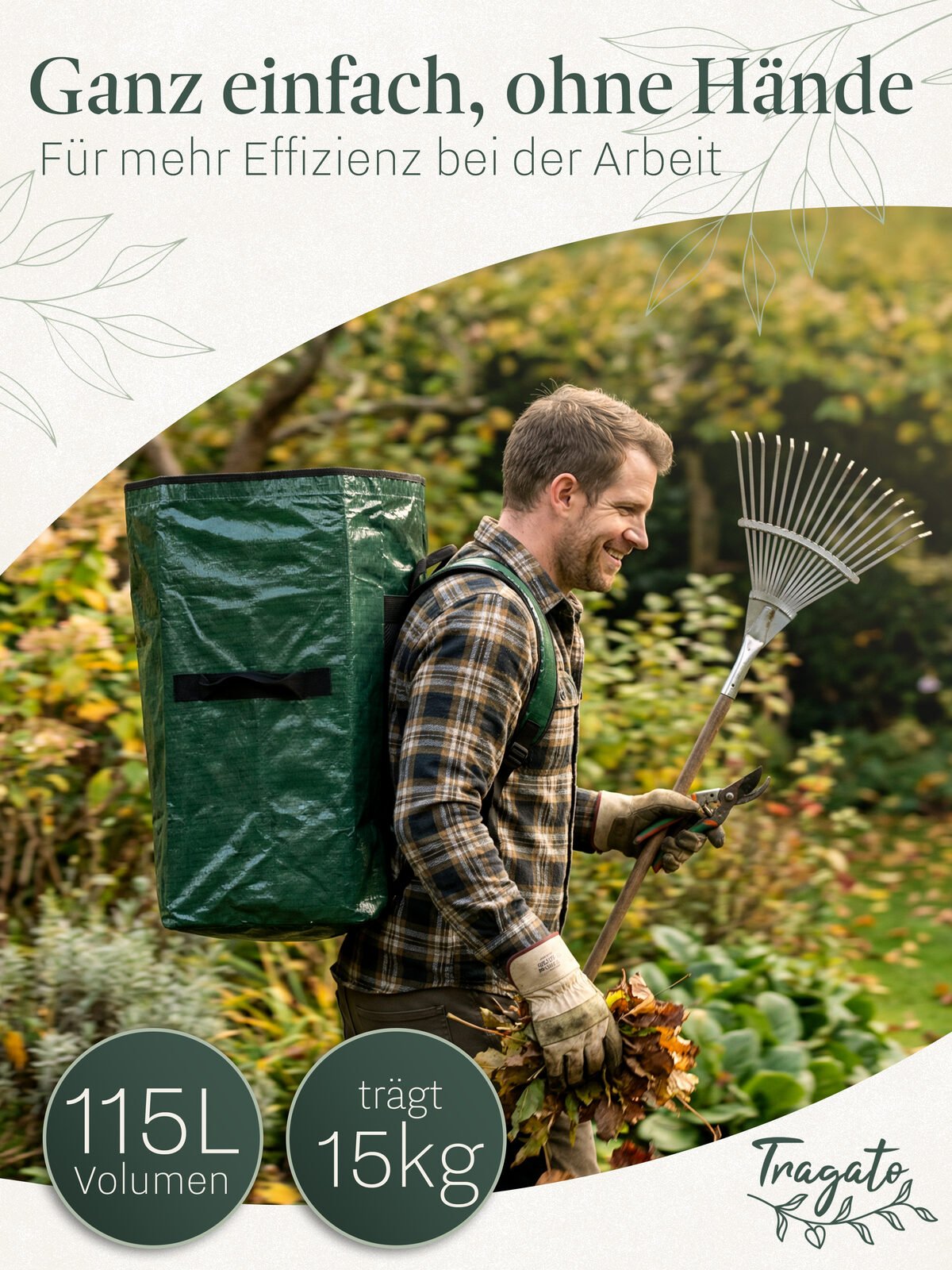 Mann mit Rechen und Handschuhen, Tragato auf dem Rücken, Aktion im Garten
